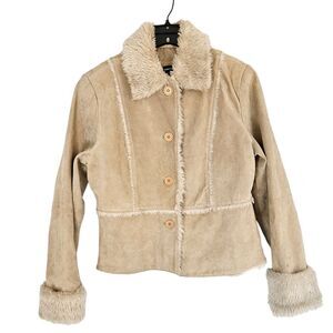 Vintage '90s Marcelle Renee Leather Boho Penny Lane Faux Fur Trim Coat S